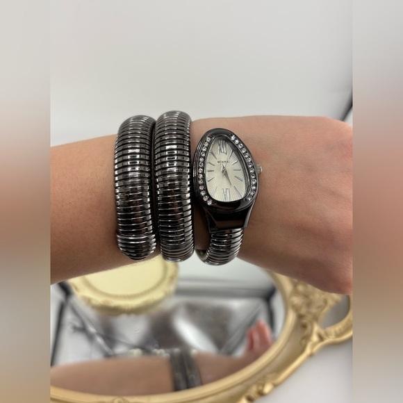 Gunmetal Coil Bracelet Watch with Silver Dial – Stretch Statement Watch - Picture 5 of 8